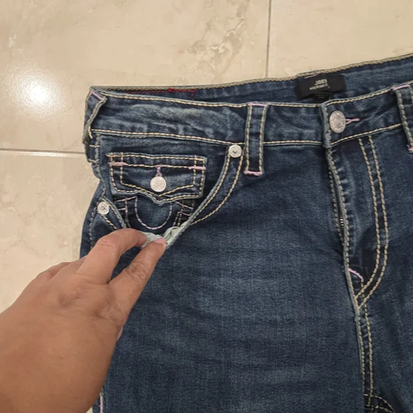 True Religion Women’s Jeans Joey Flap Flare Size 34 Y2K Blue Pink Thread Pockets - Picture 4 of 12